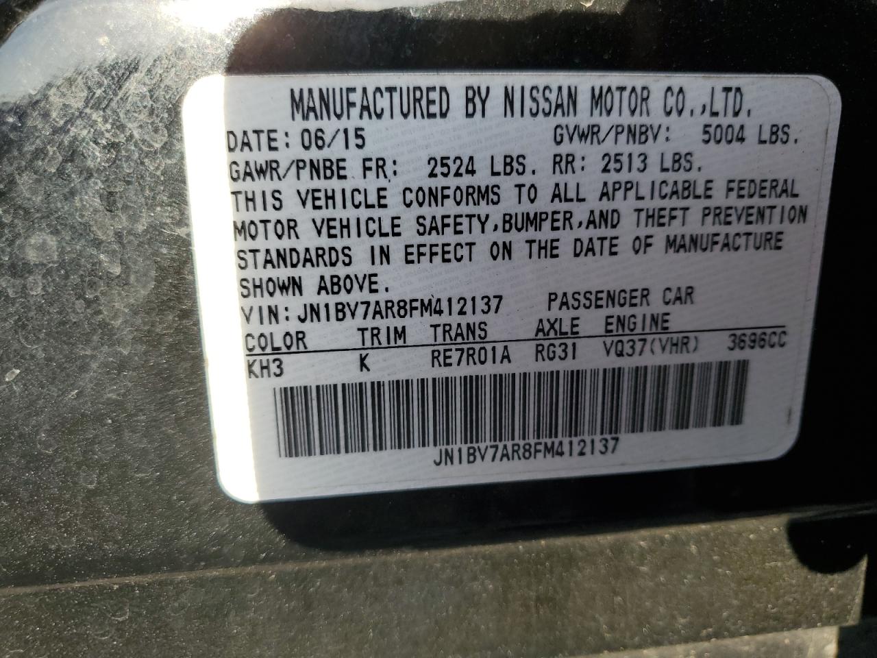 2015 Infiniti Q50 VIN JN1BV7AR8FM412137 Copart auction photo, all over damage thumbnail 13