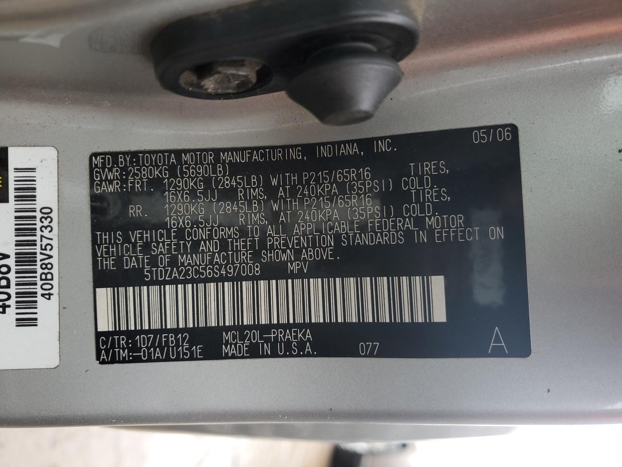 2006 Toyota Sienna VIN 5TDZA23C56S497008 Copart auction photo, front end / side damage thumbnail 13