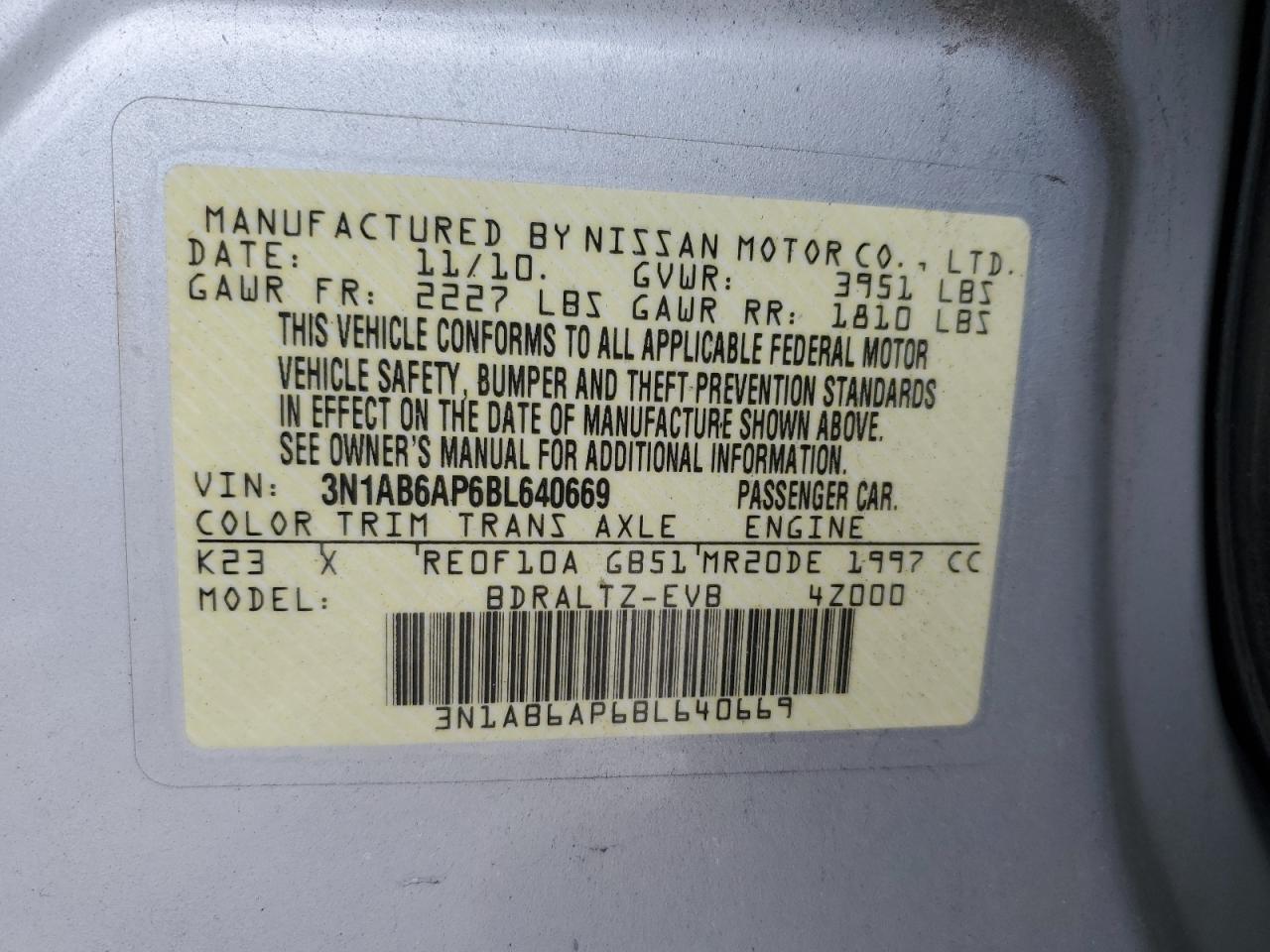 2011 Nissan Sentra VIN 3N1AB6AP6BL640669 Copart auction photo, front end damage thumbnail 12