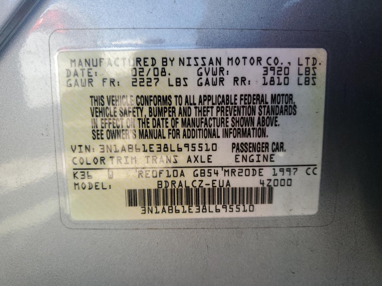 2008 Nissan Sentra VIN 3N1AB61E38L695510 Copart auction photo, rear end damage thumbnail 12