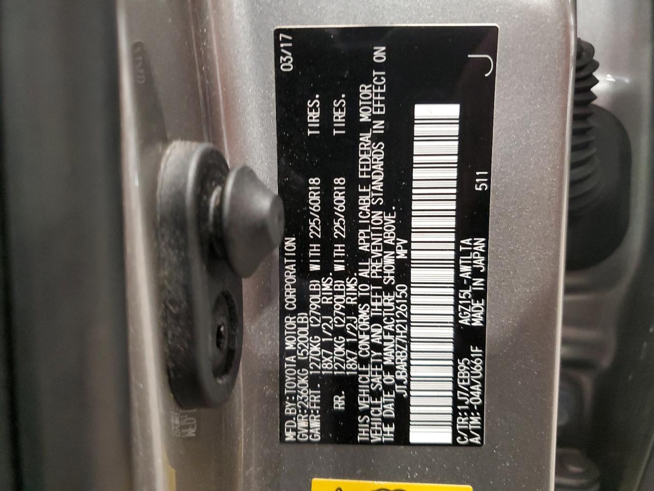 2017 Lexus NX VIN JTJBARBZ7H2126150 Copart auction photo, front end / side damage thumbnail 13