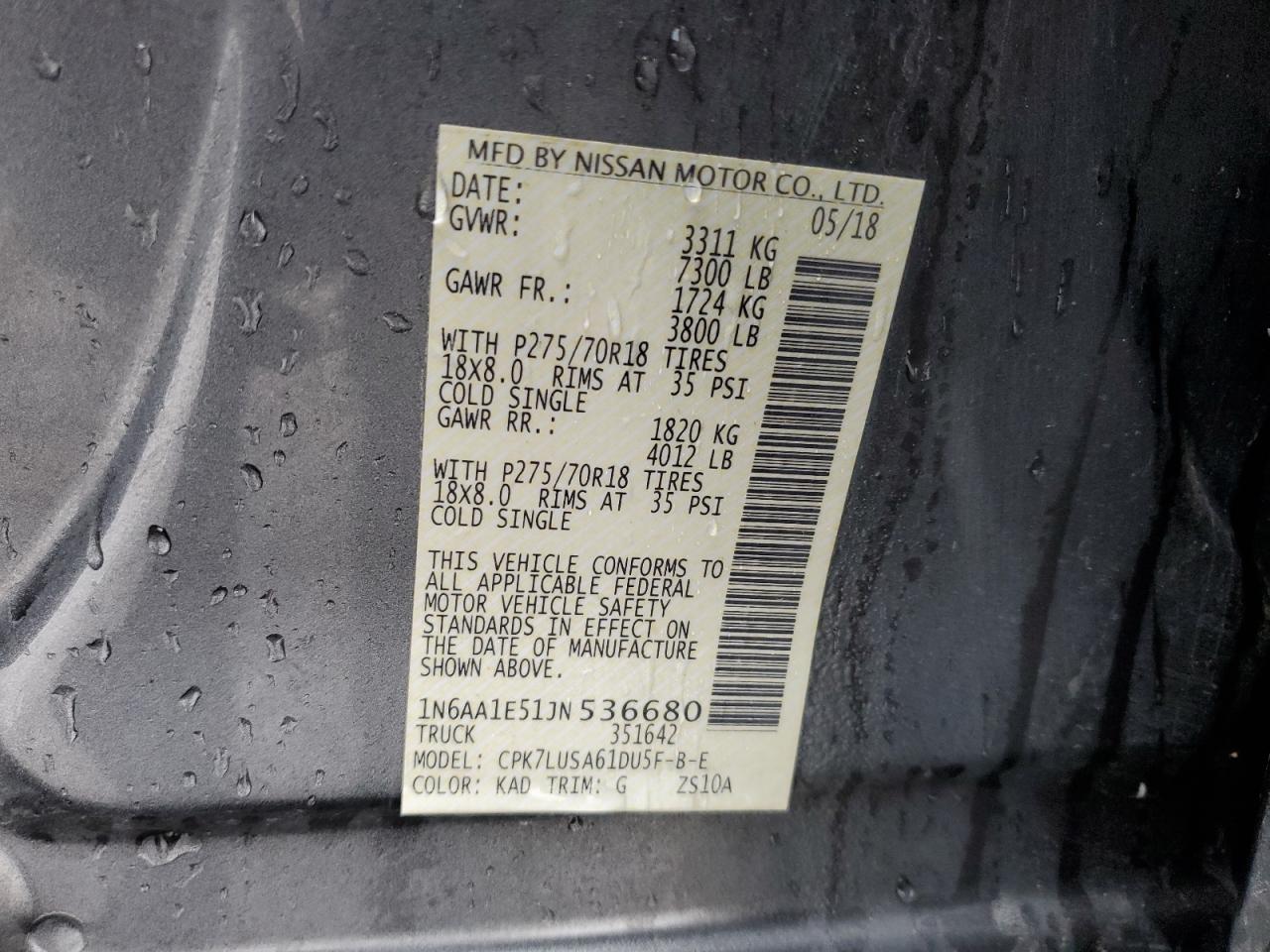 2018 Nissan Titan VIN 1N6AA1E51JN536680 Copart auction photo, front end / side damage thumbnail 12