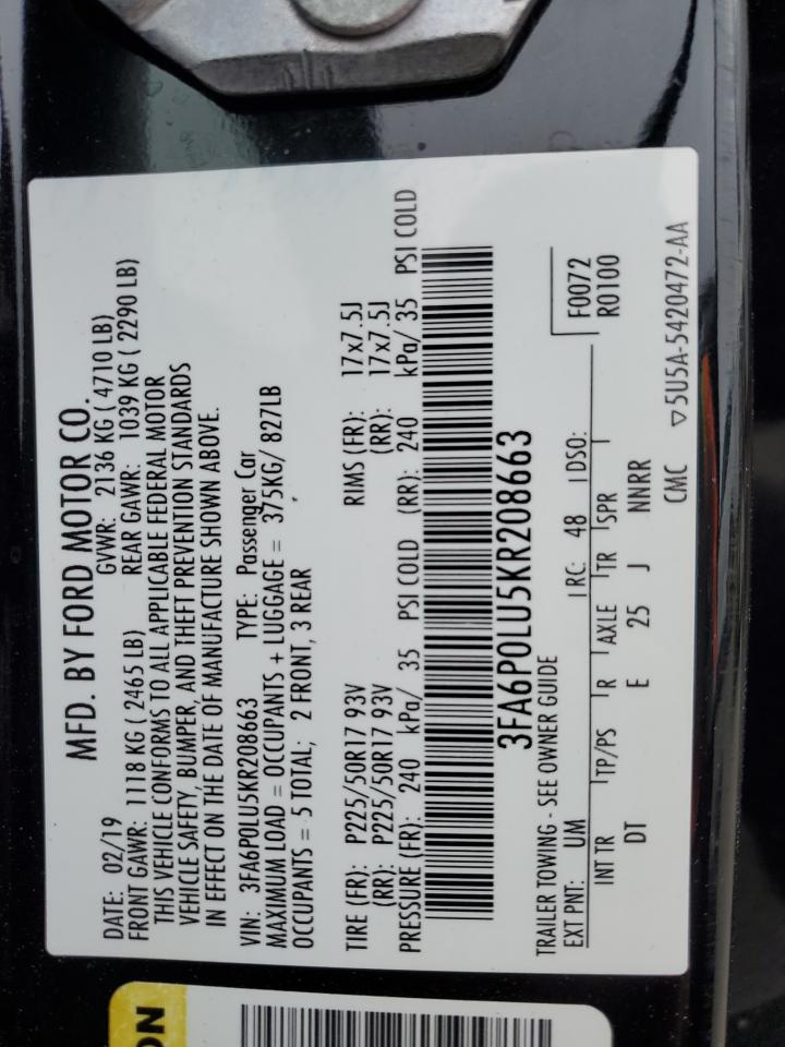 2019 Ford Fusion VIN 3FA6P0LU5KR208663 Copart auction photo, front end / rear end damage thumbnail 15