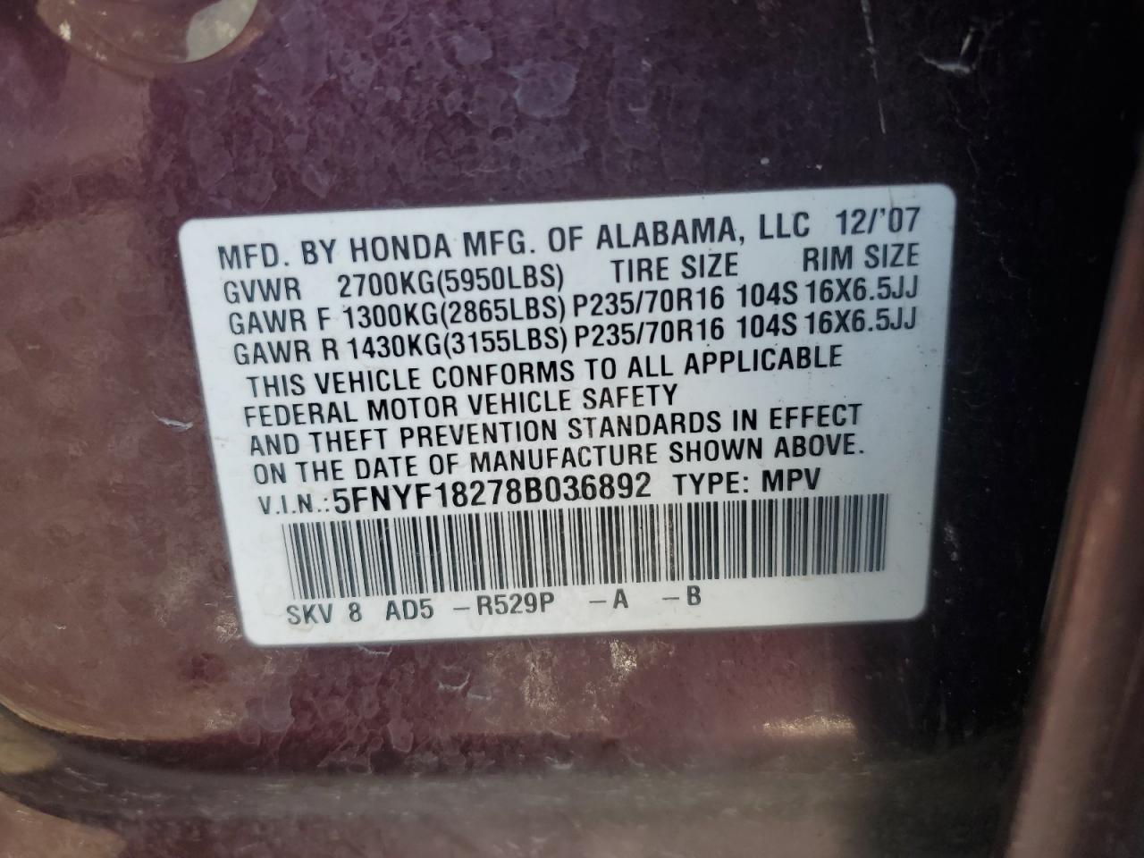 2008 Honda Pilot VIN 5FNYF18278B036892 Copart auction photo, front end damage thumbnail 15