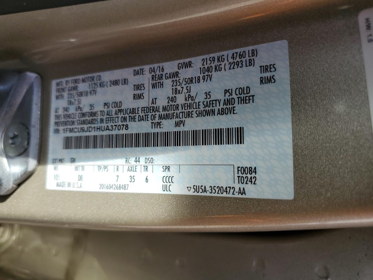 2017 Ford Escape VIN 1FMCU9JD1HUA37078 Copart auction photo, front end / side damage thumbnail 13