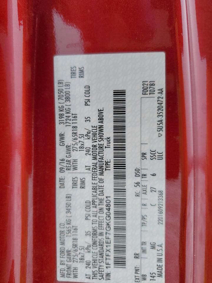 2016 Ford F-150 VIN 1FTFX1EF7GKG04801 Copart auction photo, side damage thumbnail 12