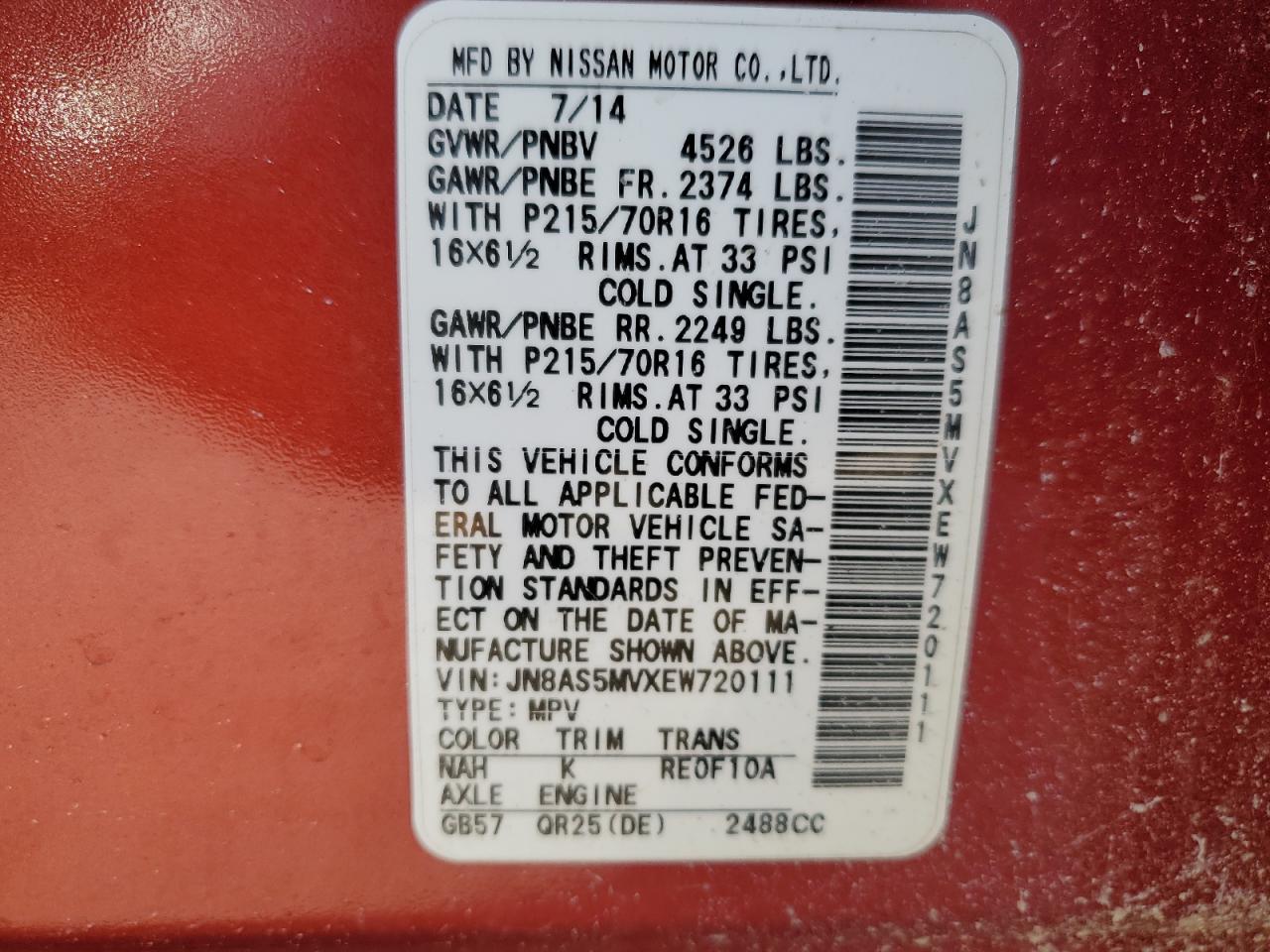 2014 Nissan Rogue VIN JN8AS5MVXEW720111 Copart auction photo, side / rear end damage thumbnail 13