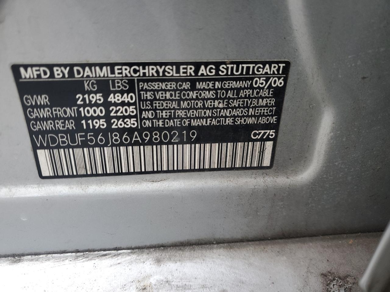 2006 Mercedes-Benz E-klasse VIN WDBUF56J86A980219 Copart auction photo, front end damage thumbnail 12