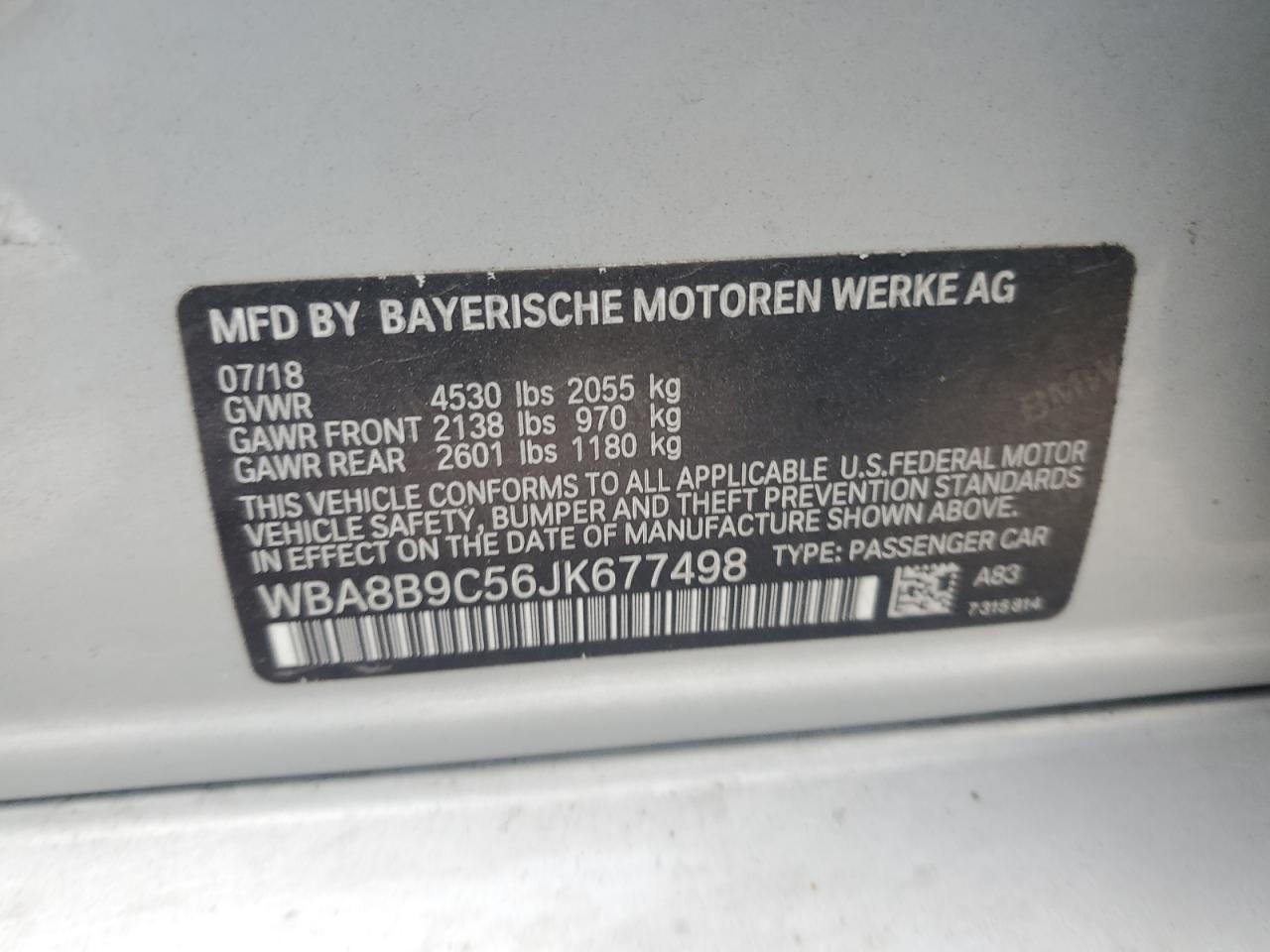2018 BMW 3er VIN WBA8B9C56JK677498 Copart auction photo, front end / side damage thumbnail 14