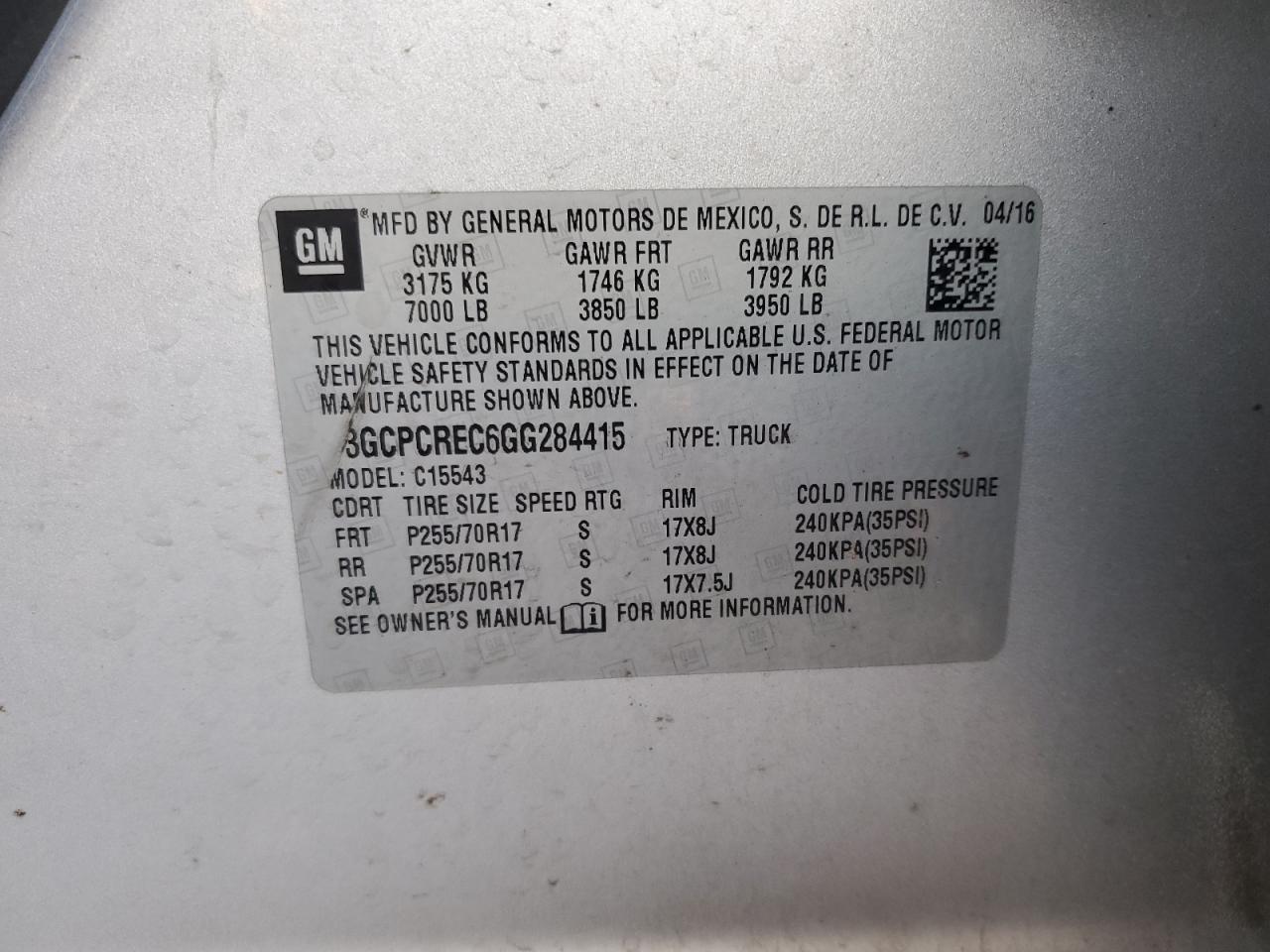 2016 Chevrolet Silverado VIN 3GCPCREC6GG284415 Copart auction photo, front end / side damage thumbnail 12