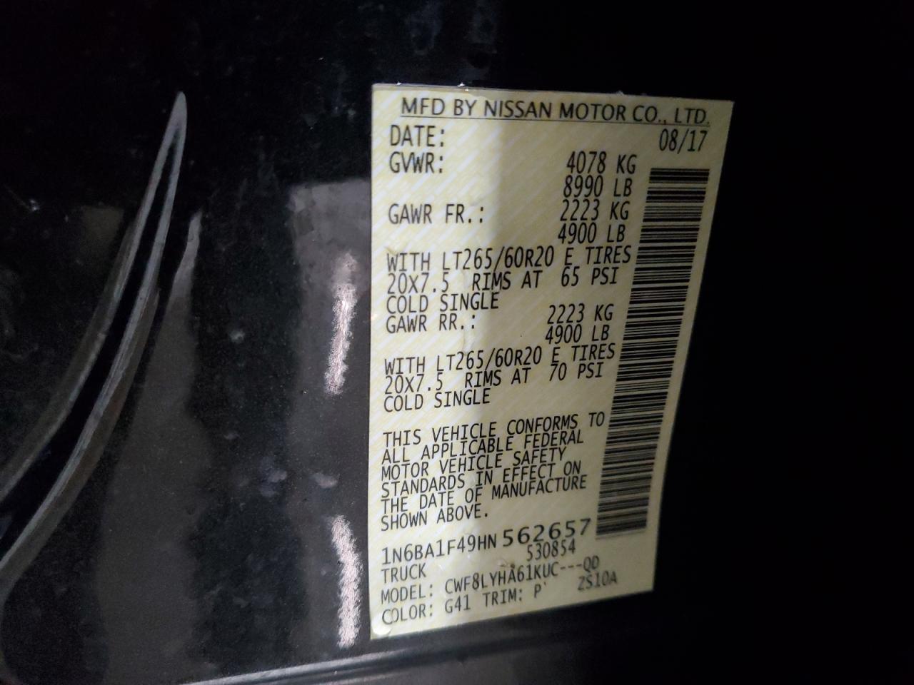 2017 Nissan Titan VIN 1N6BA1F49HN562657 Copart auction photo, front end / side damage thumbnail 13