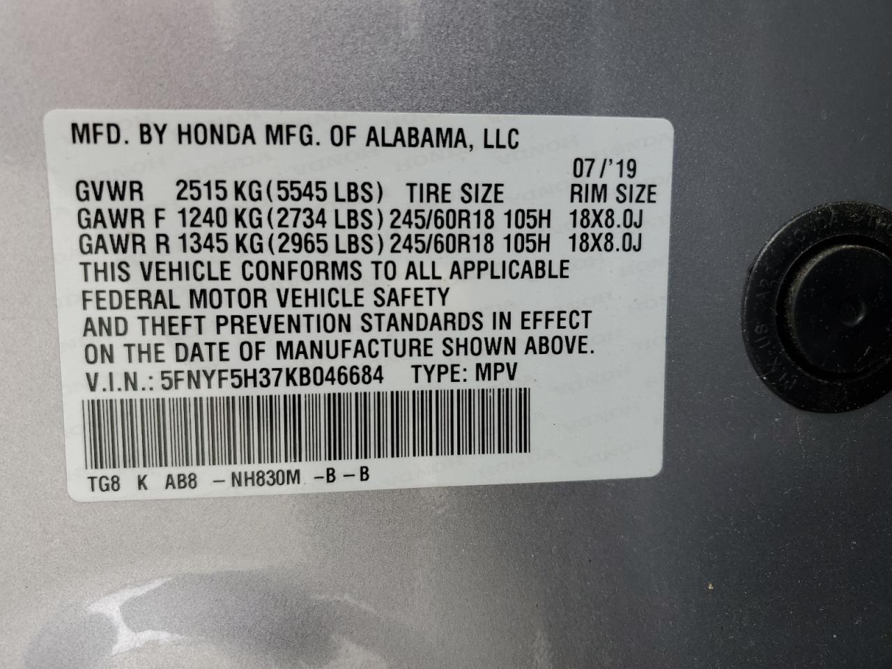 2019 Honda Pilot VIN 5FNYF5H37KB046684 Copart auction photo, front end damage thumbnail 13
