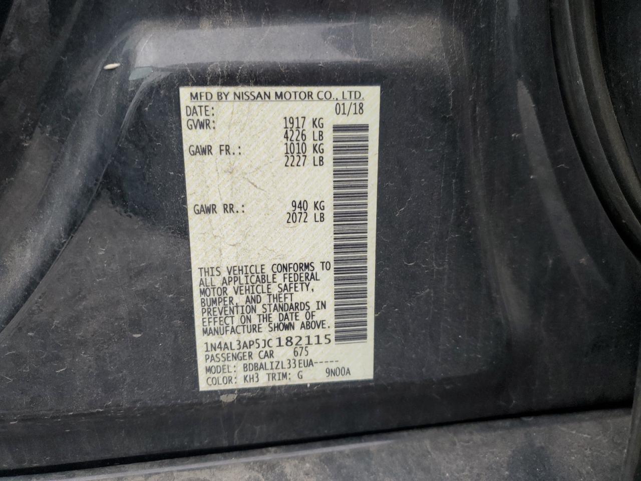 2018 Nissan Altima VIN 1N4AL3AP5JC182115 Copart auction photo, front end damage thumbnail 12