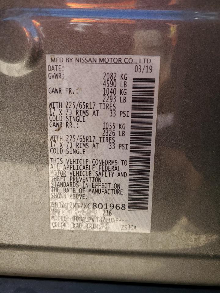 2019 Nissan Rogue VIN 5N1AT2MT7KC801968 Copart auction photo, rear end damage thumbnail 12