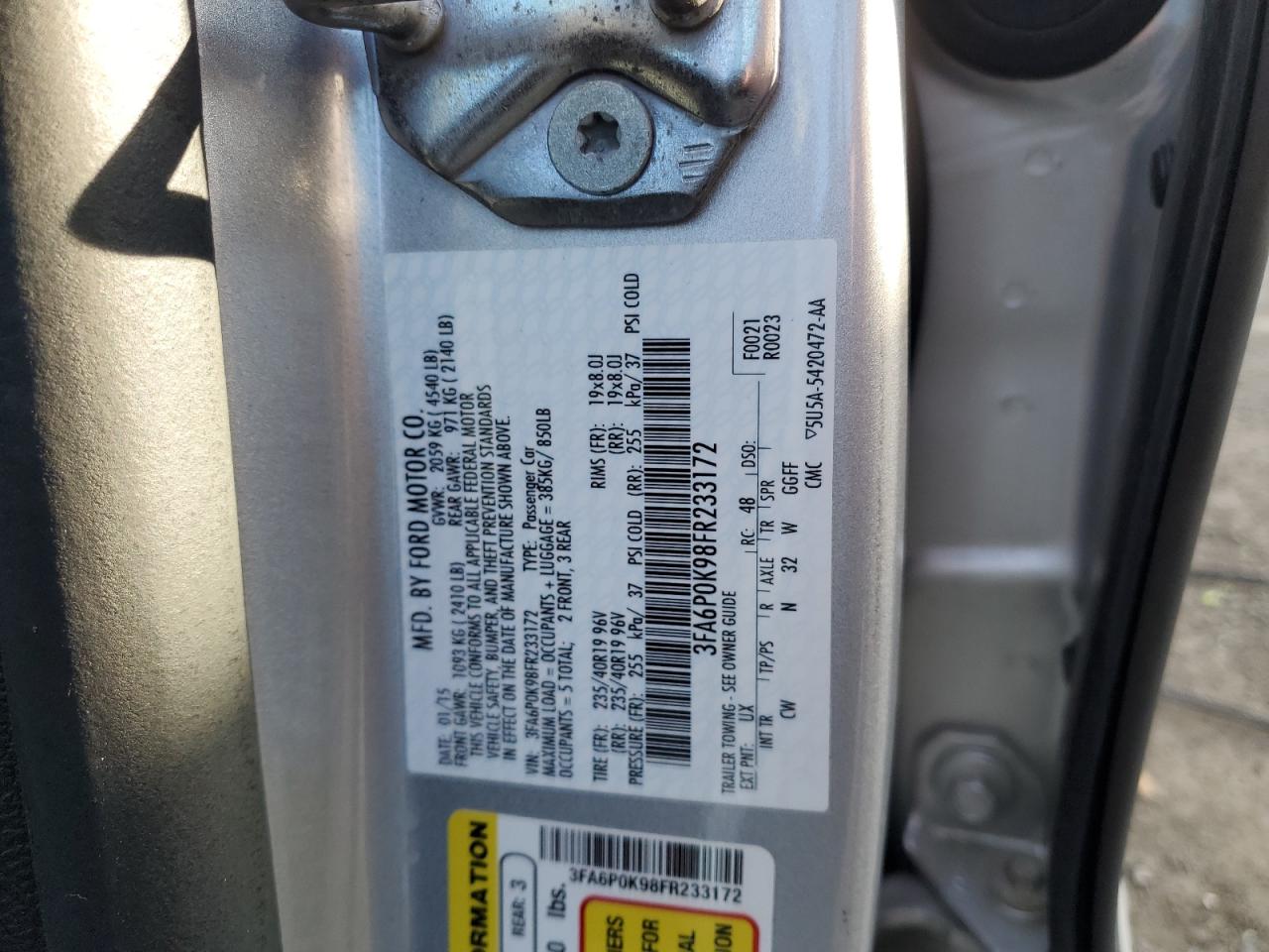 2015 Ford Fusion VIN 3FA6P0K98FR233172 Copart auction photo, rear end / front end damage thumbnail 14