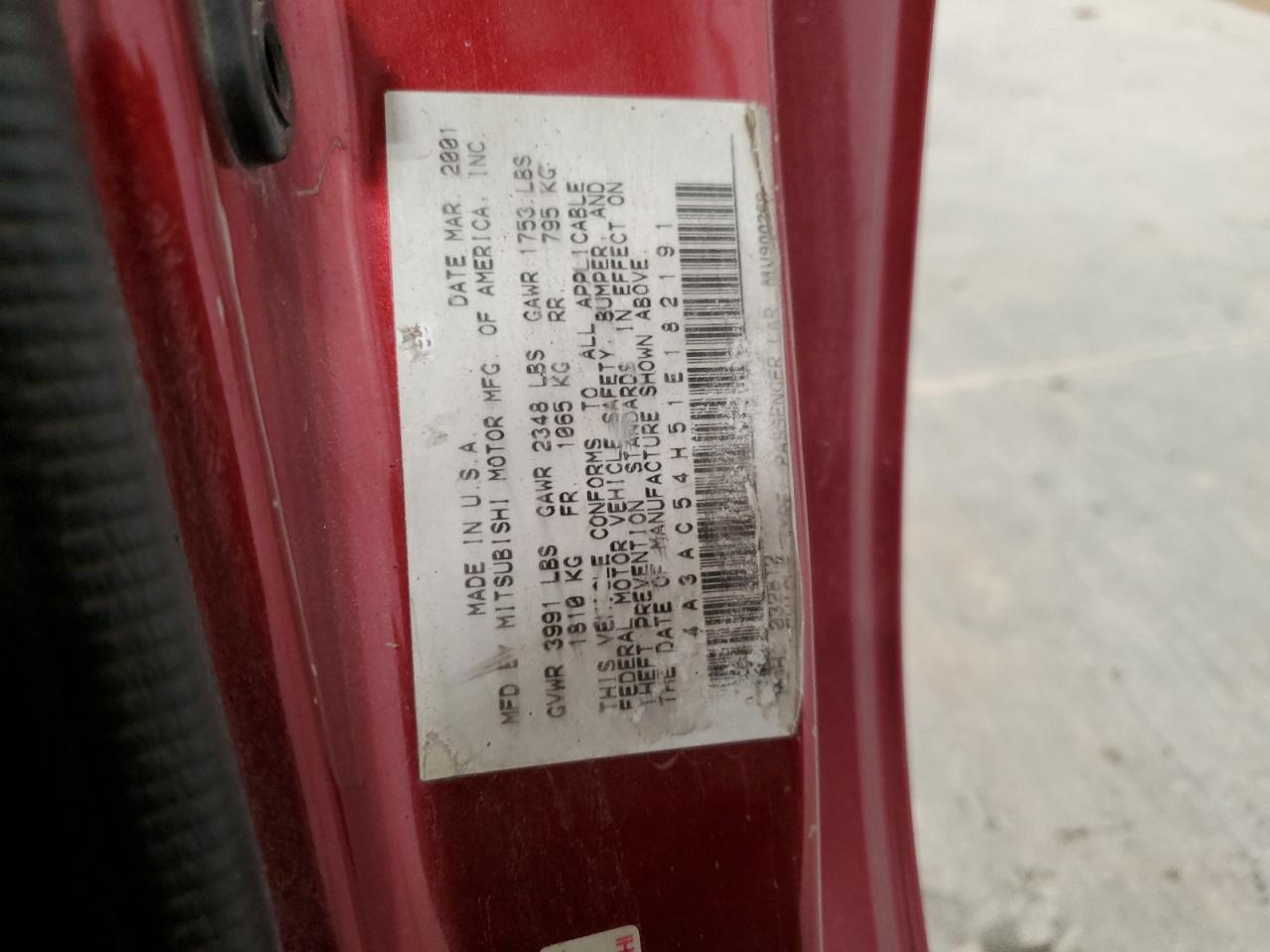 2001 Mitsubishi Eclipse VIN 4A3AC54H51E182191 Copart auction photo, side / rear end damage thumbnail 12