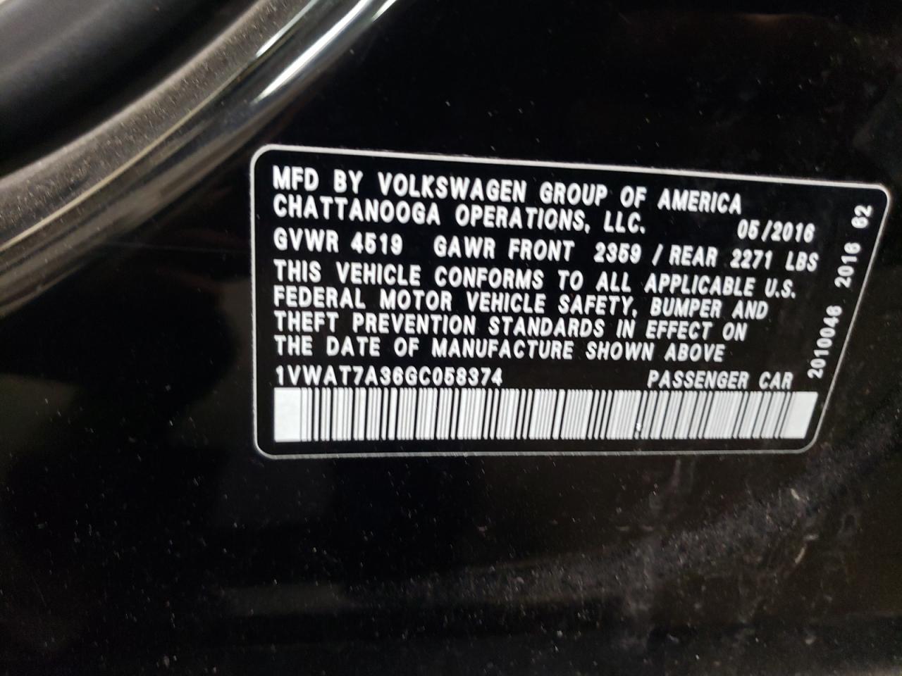 2016 Volkswagen Passat VIN 1VWAT7A36GC058374 Copart auction photo, rear end damage thumbnail 12