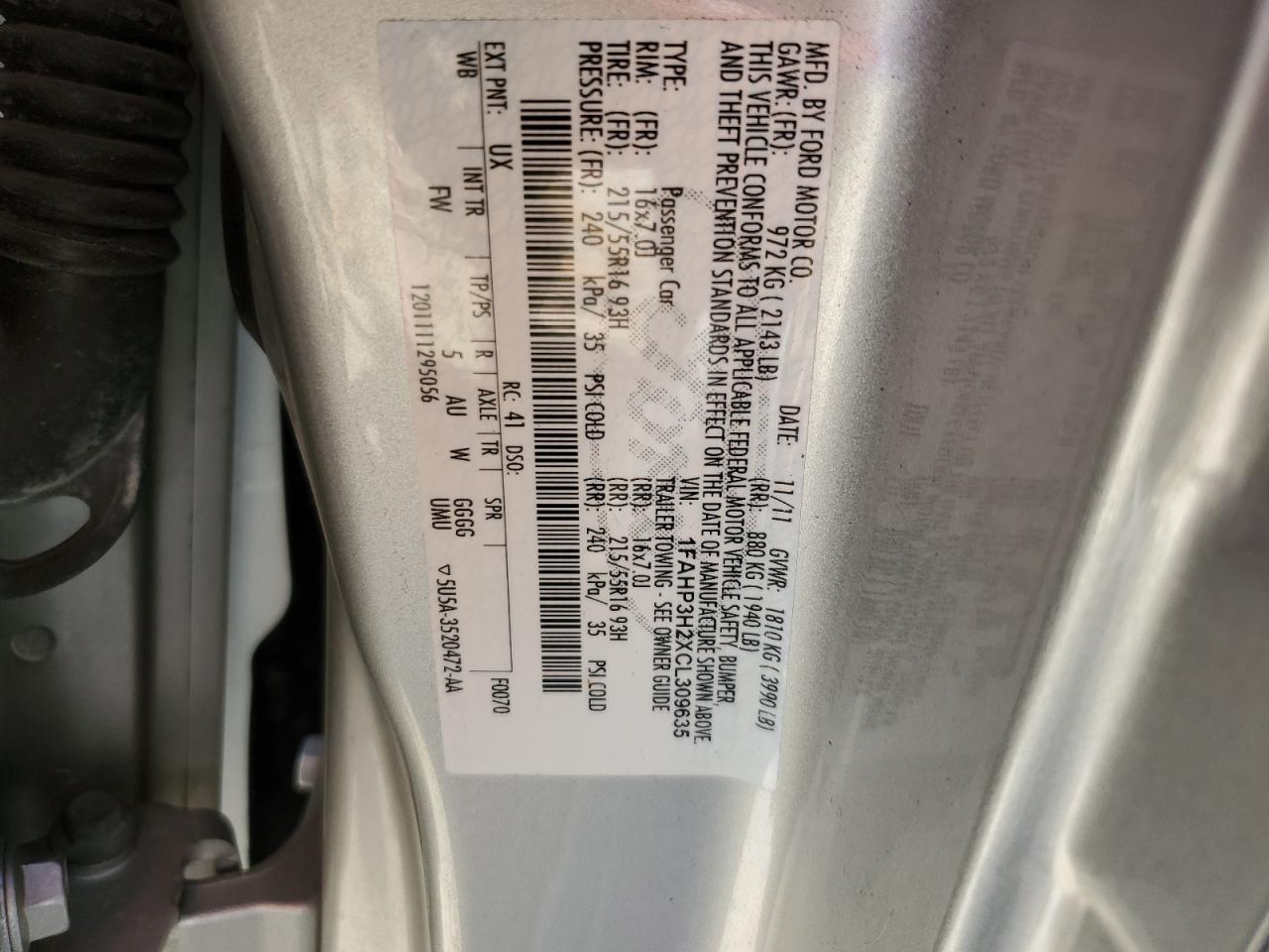 2012 Ford Focus VIN 1FAHP3H2XCL309635 Copart auction photo, front end / rear end damage thumbnail 12