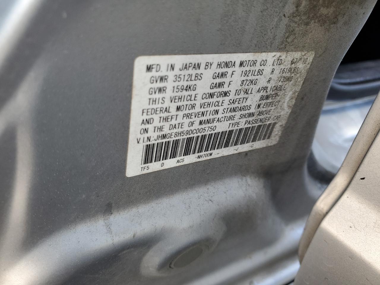 2013 Honda Fit VIN JHMGE8H59DC005750 Copart auction photo, side damage thumbnail 14