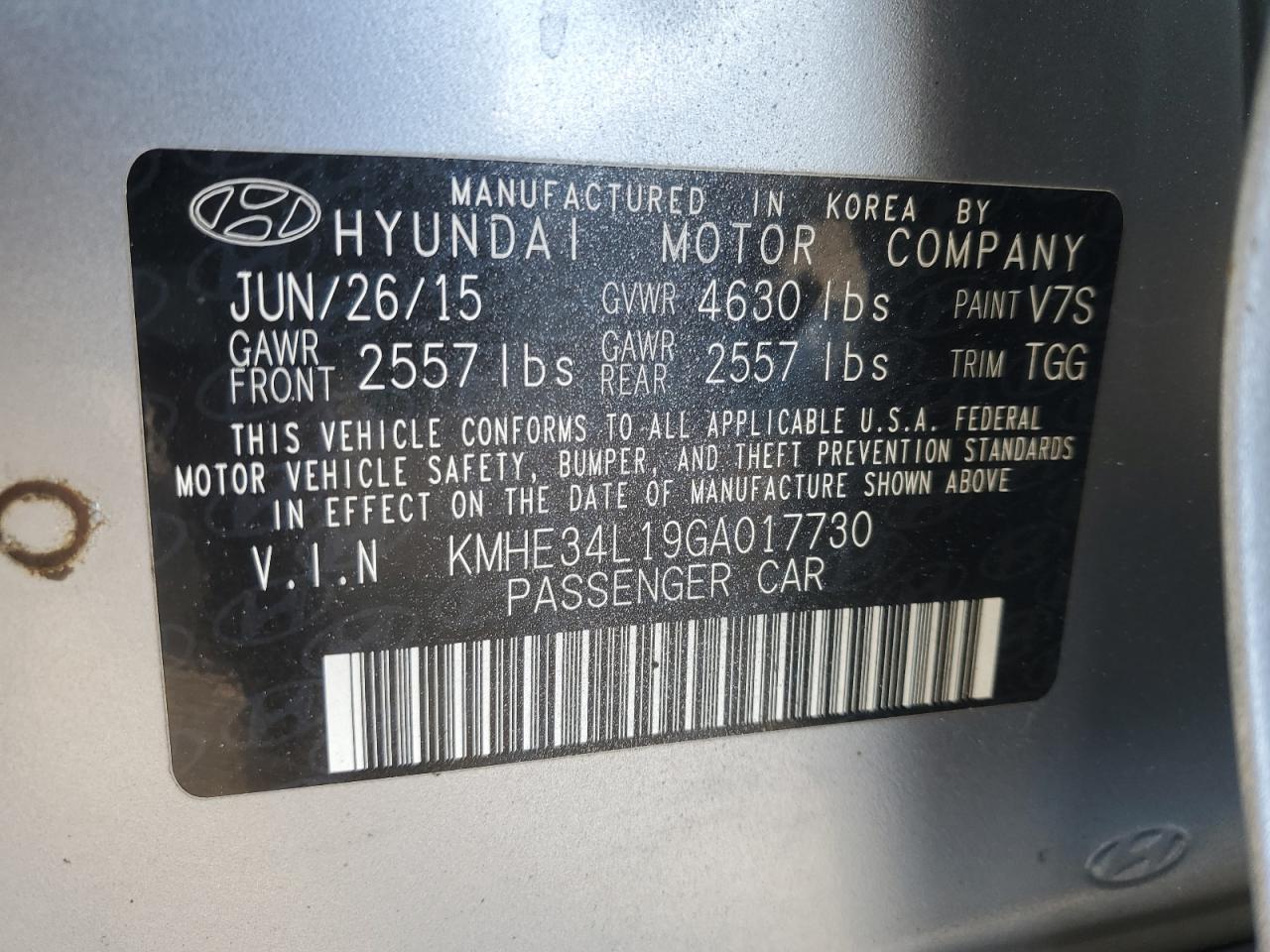 2016 Hyundai Sonata VIN KMHE34L19GA017730 Copart auction photo, rear end / minor dent/scratches damage thumbnail 12