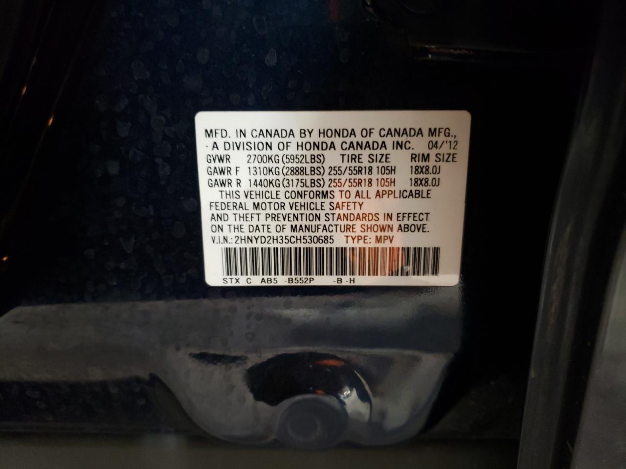 2012 Acura MDX VIN 2HNYD2H35CH530685 Copart auction photo, front end damage thumbnail 13