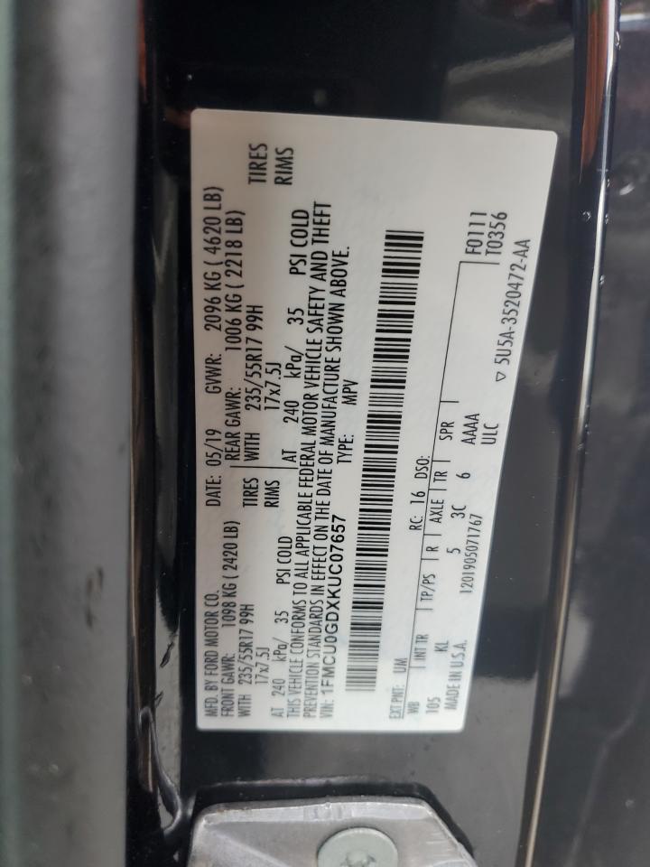 2019 Ford Escape VIN 1FMCU0GDXKUC07657 Copart auction photo, front end / side damage thumbnail 14