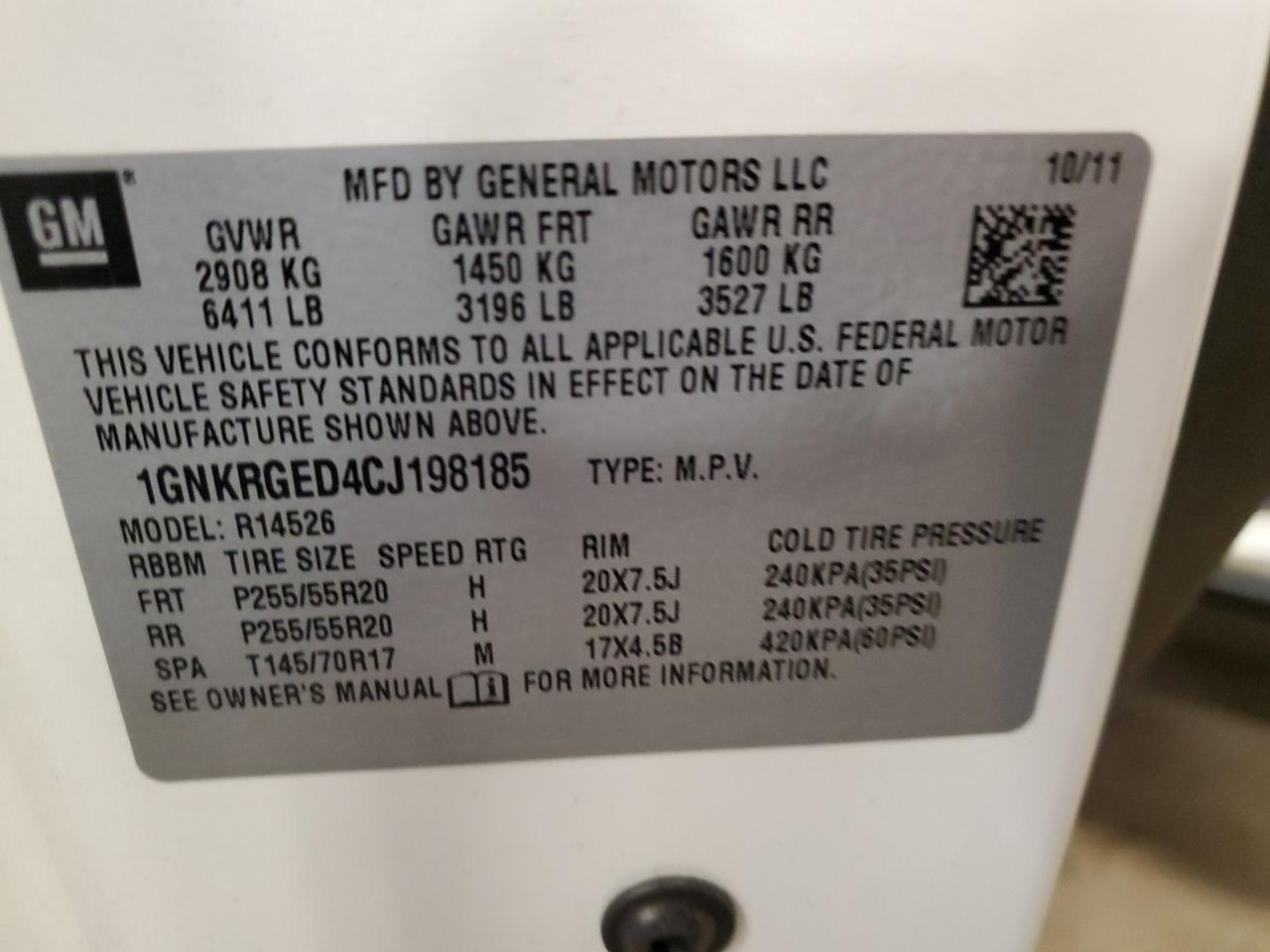 2012 Chevrolet Traverse VIN 1GNKRGED4CJ198185 Copart auction photo, front end damage thumbnail 13