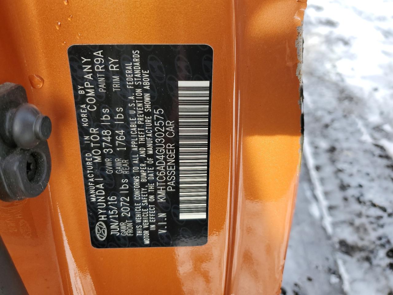 2016 Hyundai Veloster VIN KMHTC6AD4GU302575 Copart auction photo, side damage thumbnail 12