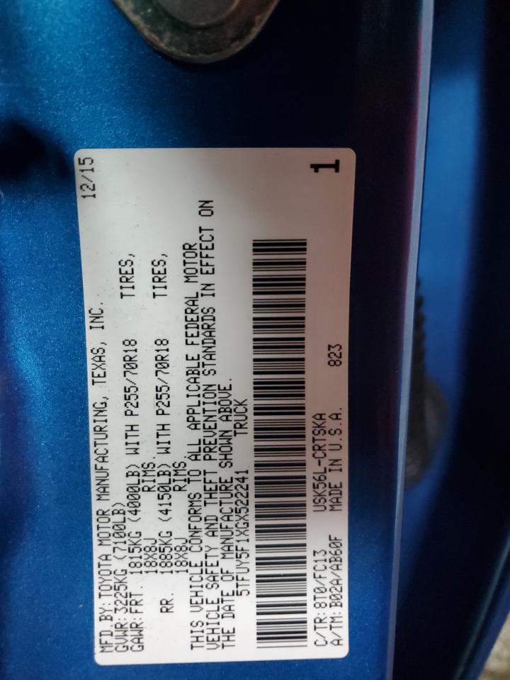 2016 Toyota Tundra VIN 5TFUY5F1XGX522241 Copart auction photo, vandalism / minor dent/scratches damage thumbnail 12