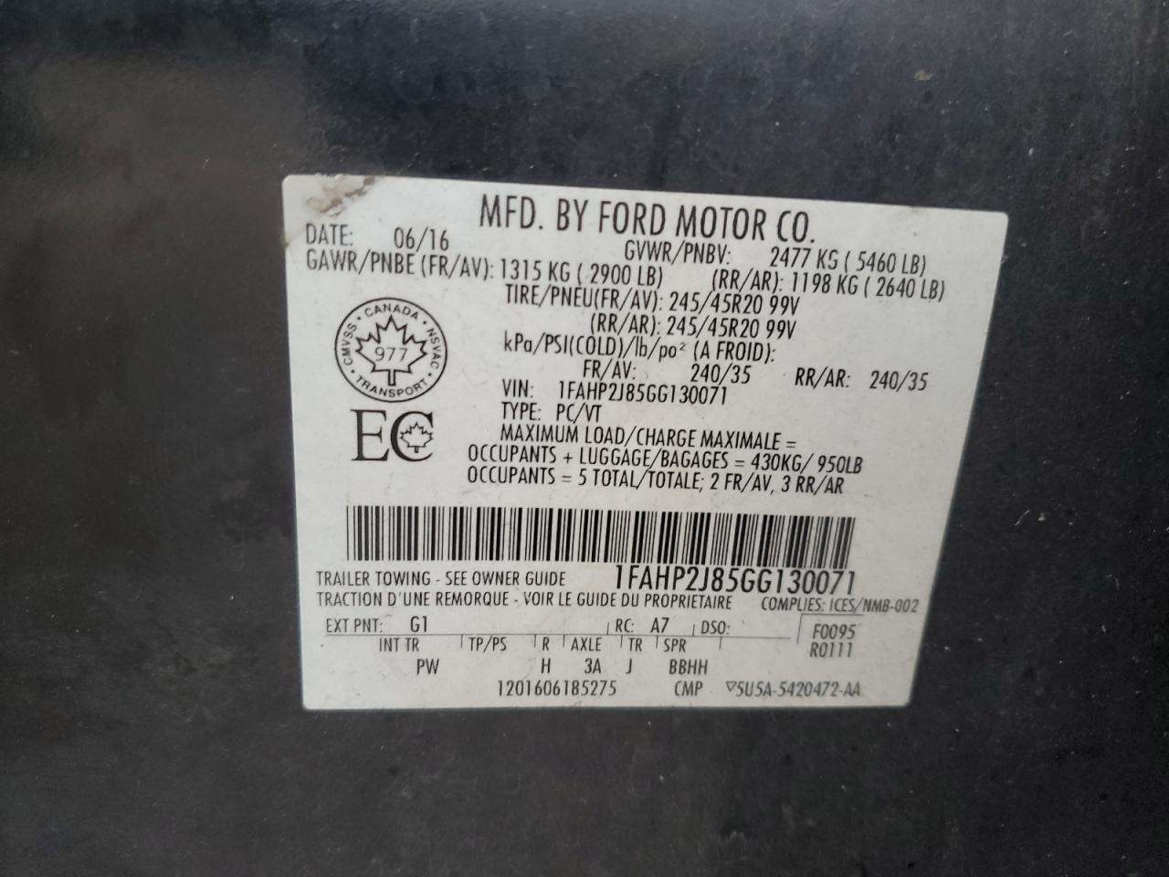 2016 Ford Taurus VIN 1FAHP2J85GG130071 Copart auction photo, front end damage thumbnail 14