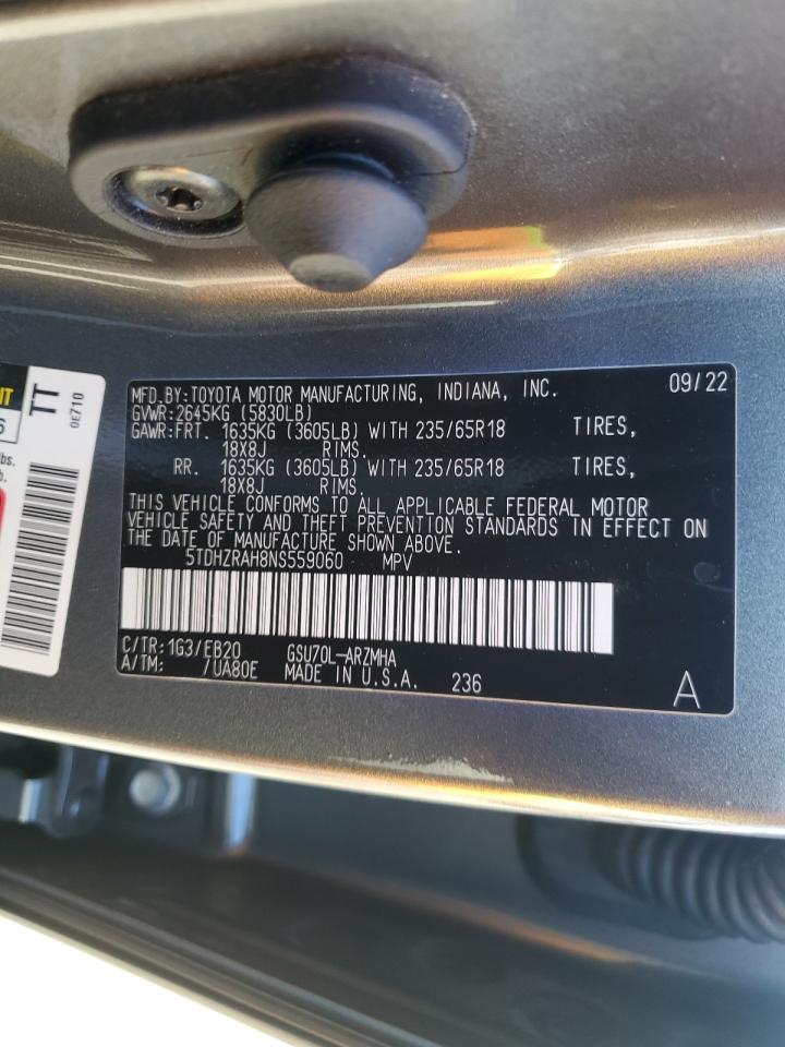 2022 Toyota Highlander VIN 5TDHZRAH8NS559060 Copart auction photo, burn damage thumbnail 14