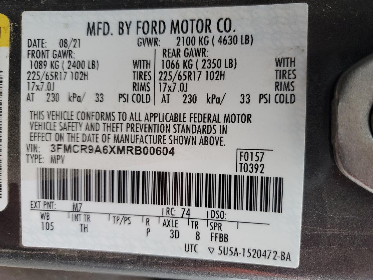 2021 Ford Bronco VIN 3FMCR9A6XMRB00604 Copart auction photo, front end / side damage thumbnail 13