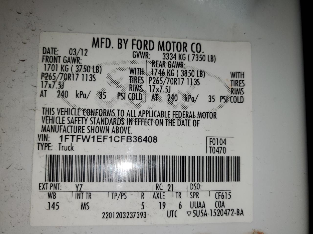 2012 Ford F-150 VIN 1FTFW1EF1CFB36408 Copart auction photo, rear end damage thumbnail 12