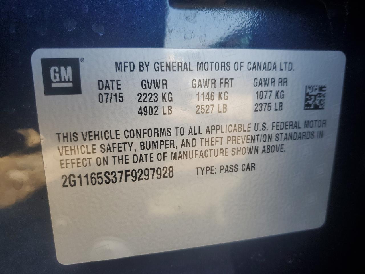 2015 Chevrolet Impala VIN 2G1165S37F9297928 Copart auction photo, front end / minor dent/scratches damage thumbnail 12