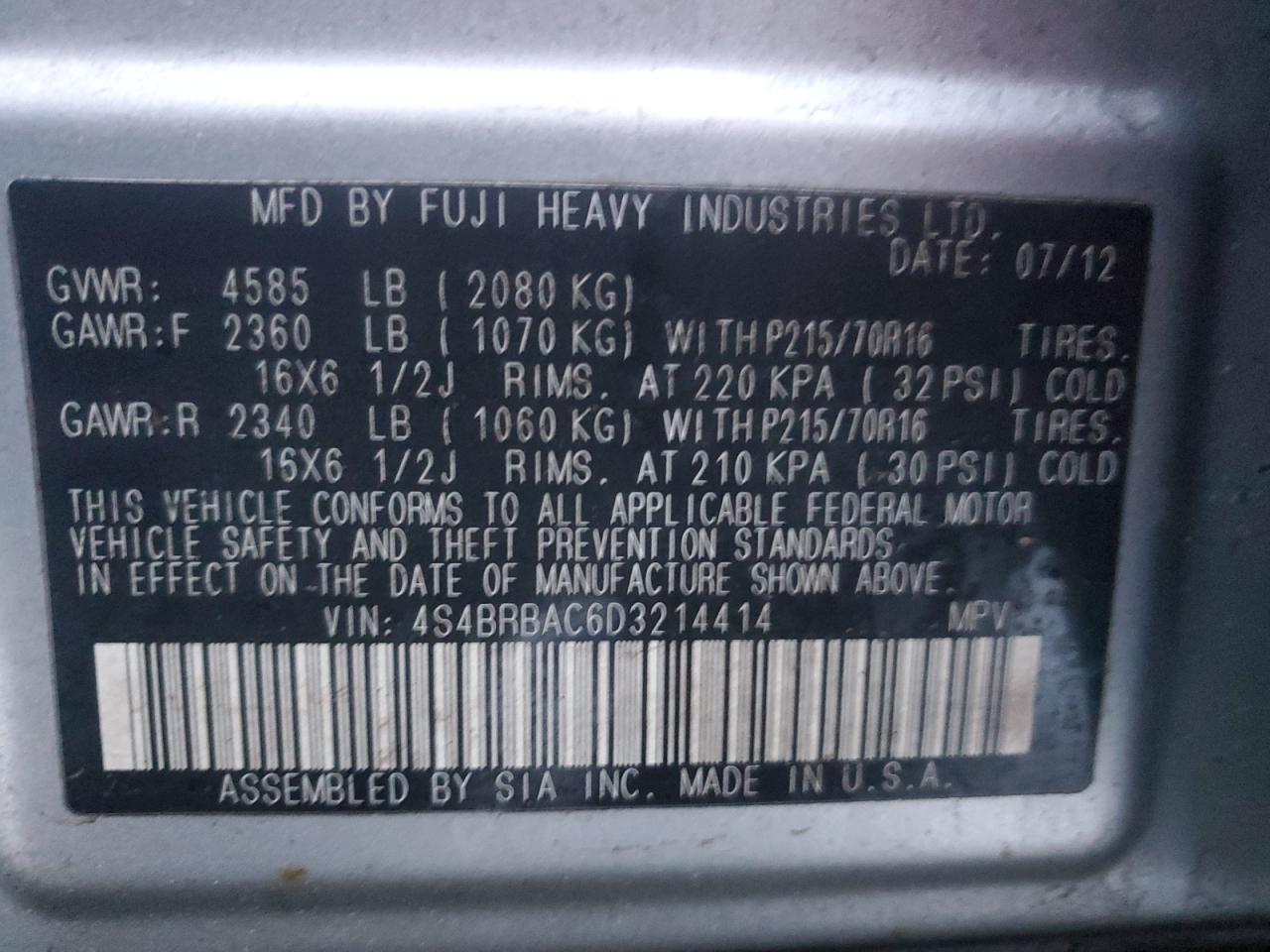 2013 Subaru Outback VIN 4S4BRBAC6D3214414 Copart auction photo, front end damage thumbnail 13