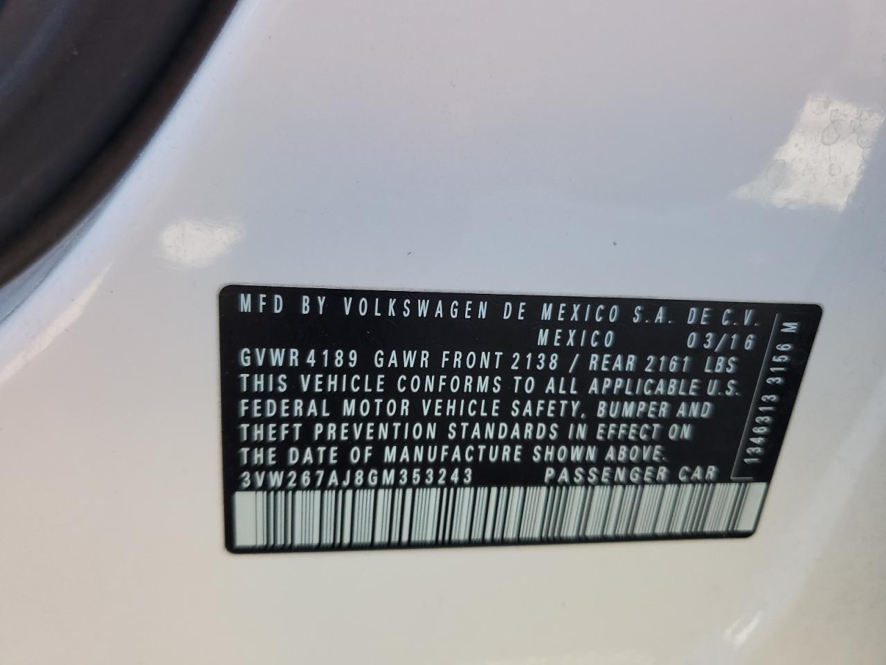 2016 Volkswagen Jetta VIN 3VW267AJ8GM353243 Copart auction photo, side / front end damage thumbnail 12