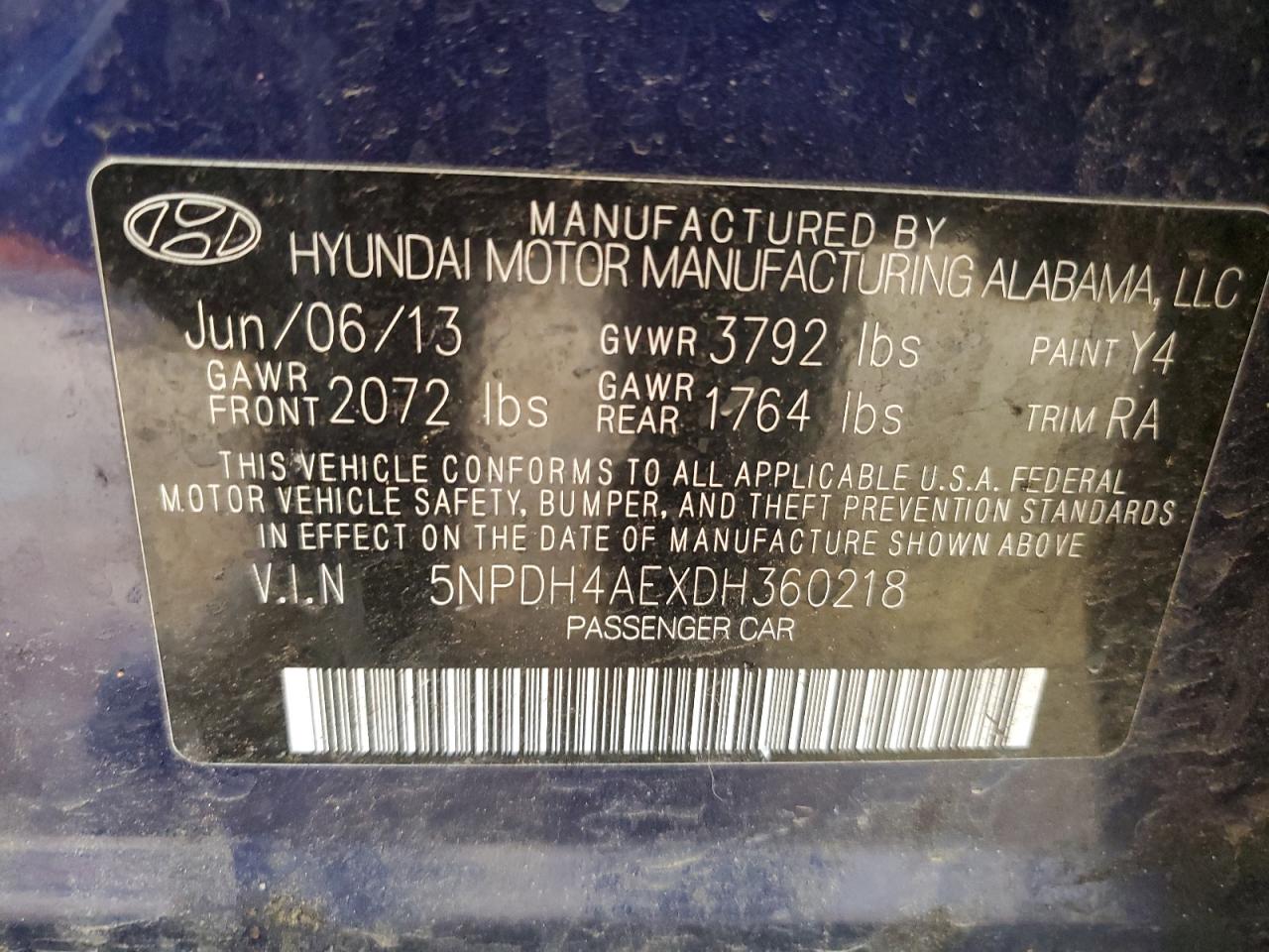 2013 Hyundai Elantra VIN 5NPDH4AEXDH360218 Copart auction photo, front end / side damage thumbnail 14