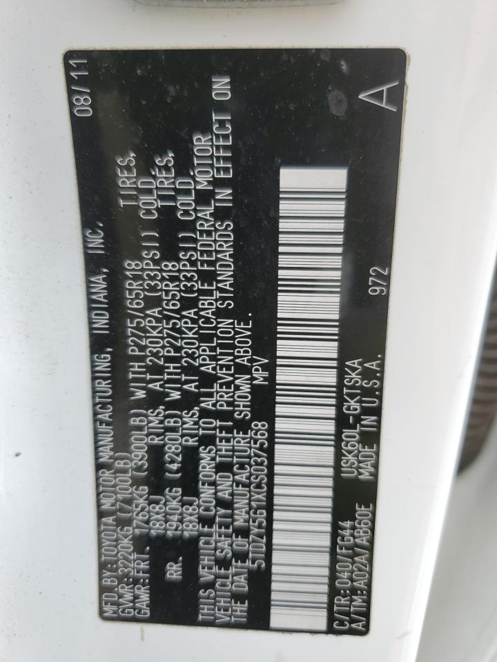 2012 Toyota Sequoia VIN 5TDZY5G1XCS037568 Copart auction photo, side / front end damage thumbnail 13