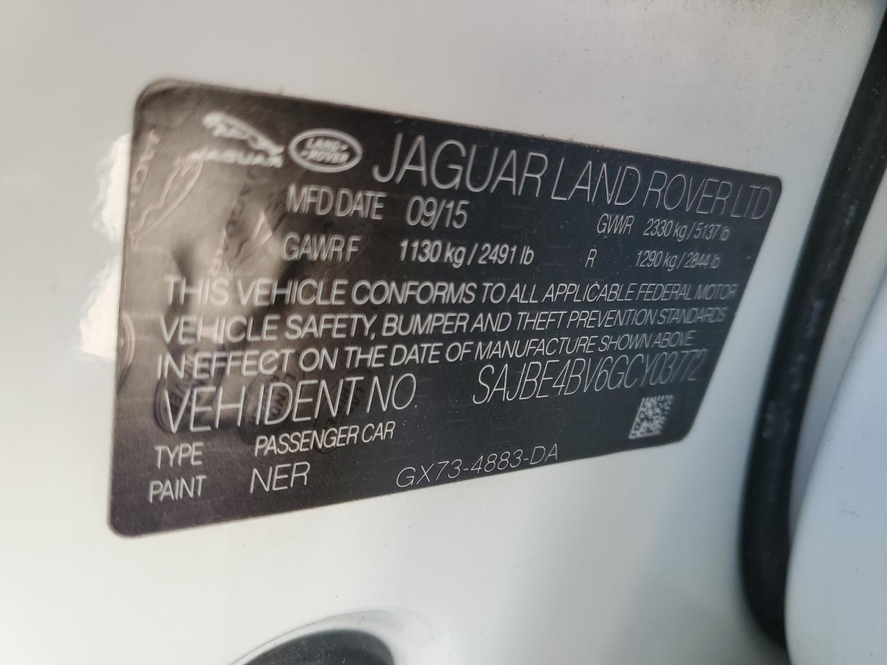 2016 Jaguar XF VIN SAJBE4BV6GCY03772 Copart auction photo, front end / minor dent/scratches damage thumbnail 12