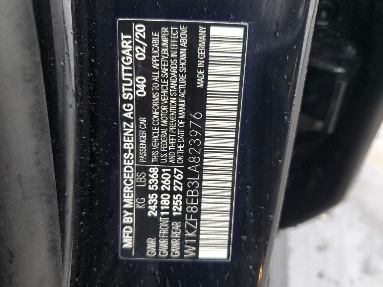 2020 Mercedes-Benz E-klasse VIN W1KZF8EB3LA823976 Copart auction photo, front end / side damage thumbnail 12