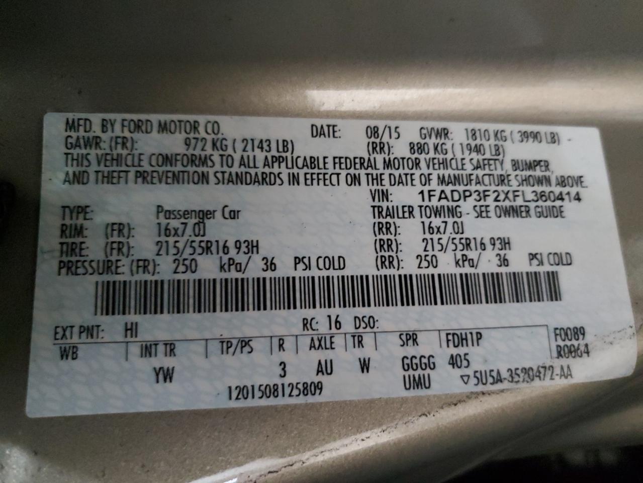 2015 Ford Focus VIN 1FADP3F2XFL360414 Copart auction photo, front end damage thumbnail 12