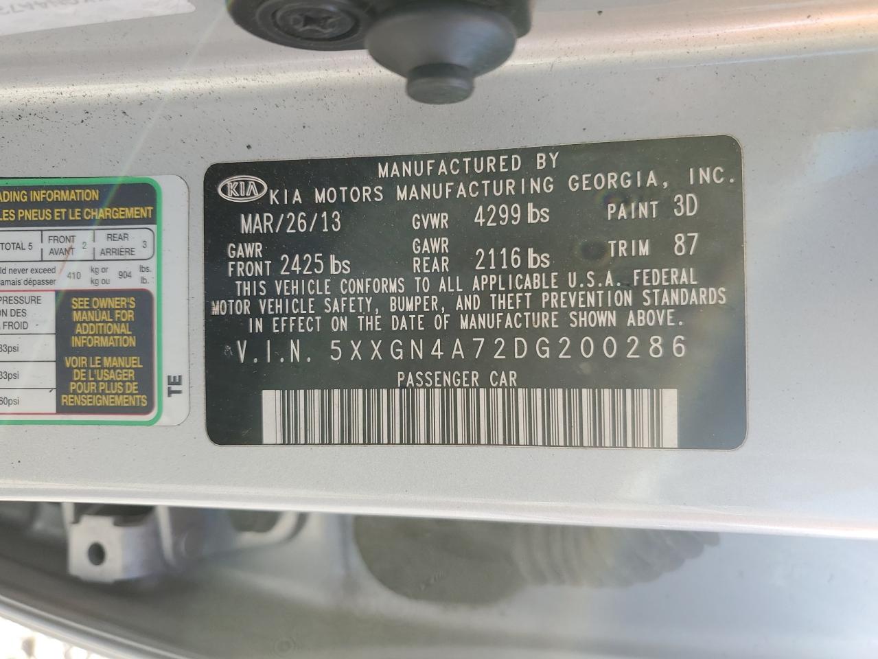 2013 KIA Optima VIN 5XXGN4A72DG200286 Copart auction photo, front end damage thumbnail 14
