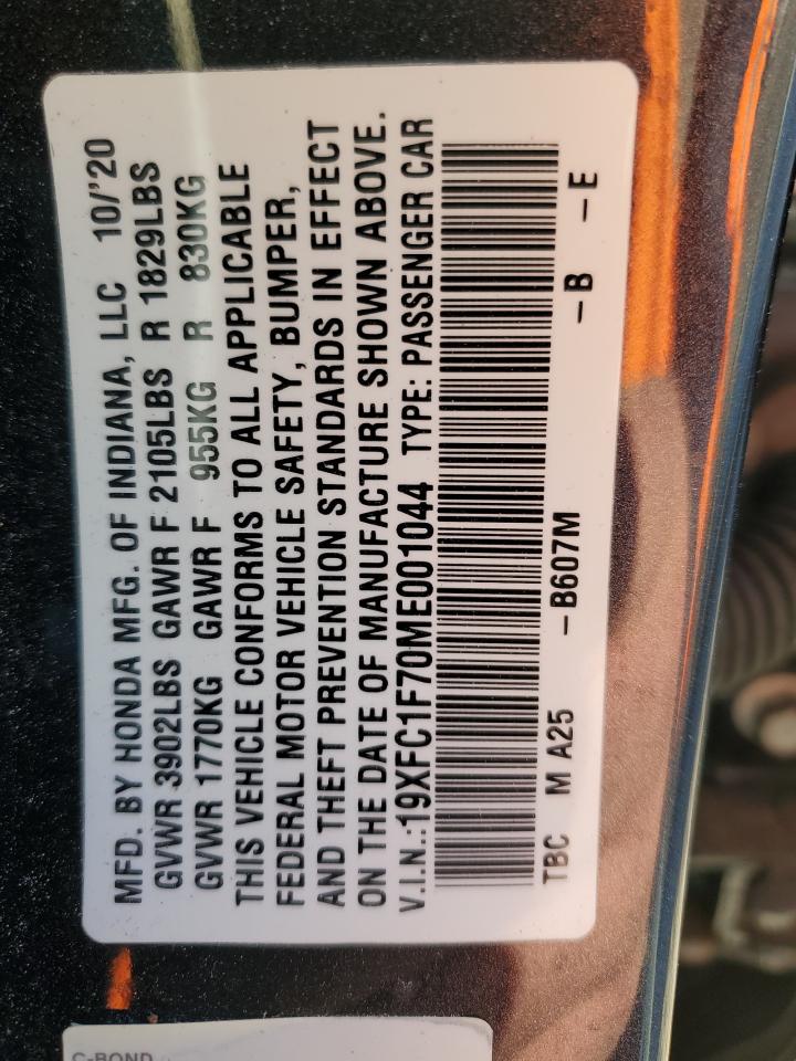 2021 Honda Civic VIN 19XFC1F70ME001044 Copart auction photo, side / rear end damage thumbnail 12