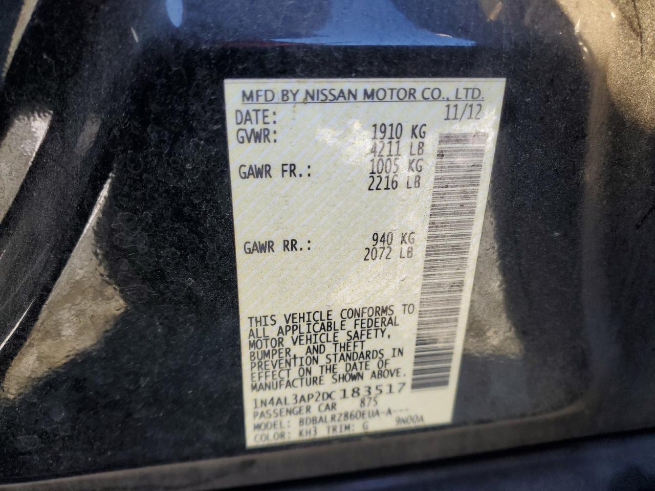 2013 Nissan Altima VIN 1N4AL3AP2DC183517 Copart auction photo, front end damage thumbnail 14