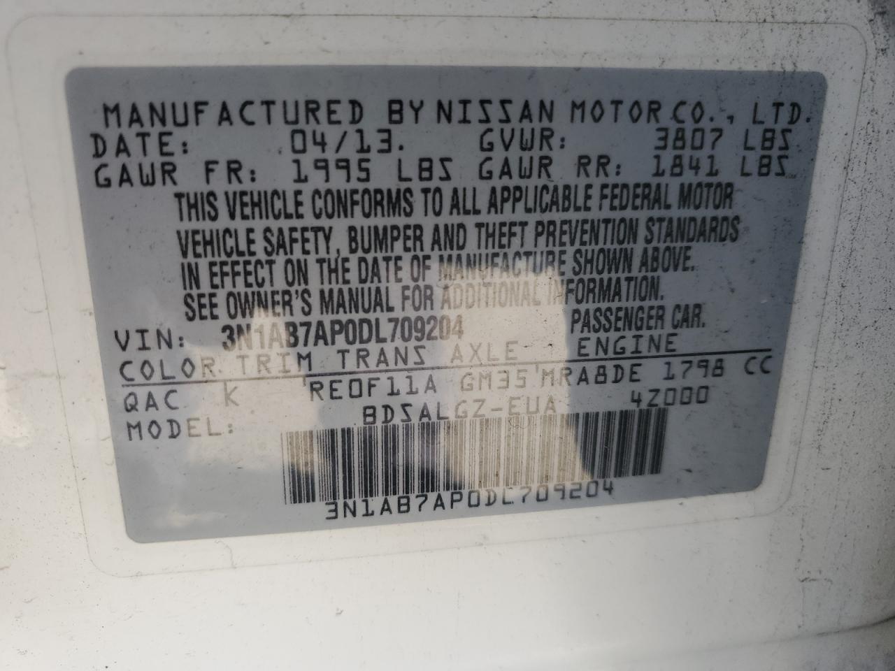 2013 Nissan Sentra VIN 3N1AB7AP0DL709204 Copart auction photo, front end / hail damage thumbnail 13