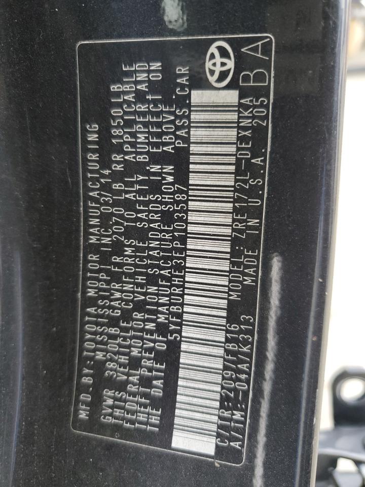 2014 Toyota Corolla VIN 5YFBURHE3EP103587 Copart auction photo, stripped damage thumbnail 12