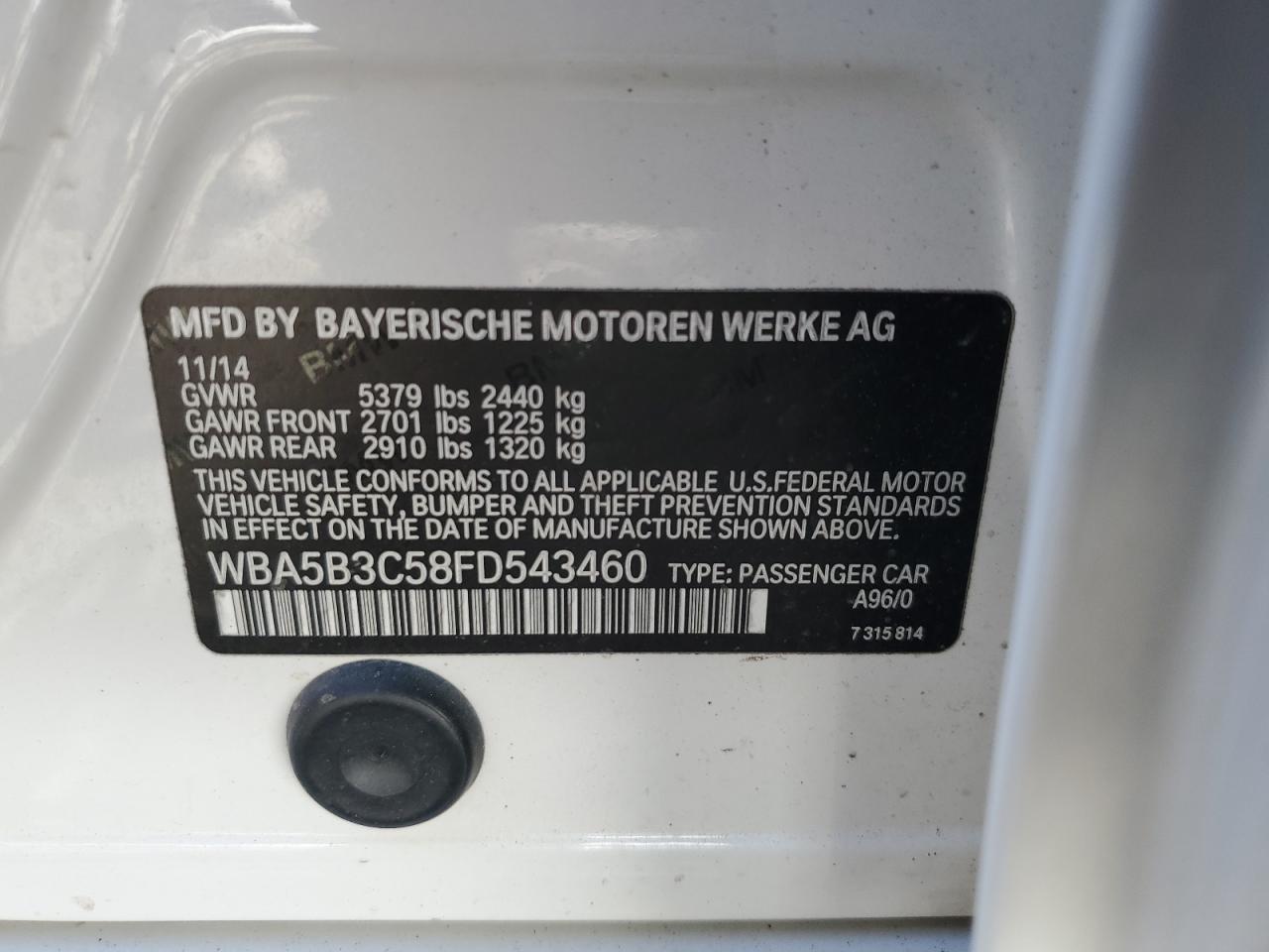 2015 BMW 5er VIN WBA5B3C58FD543460 Copart auction photo, rear end damage thumbnail 14