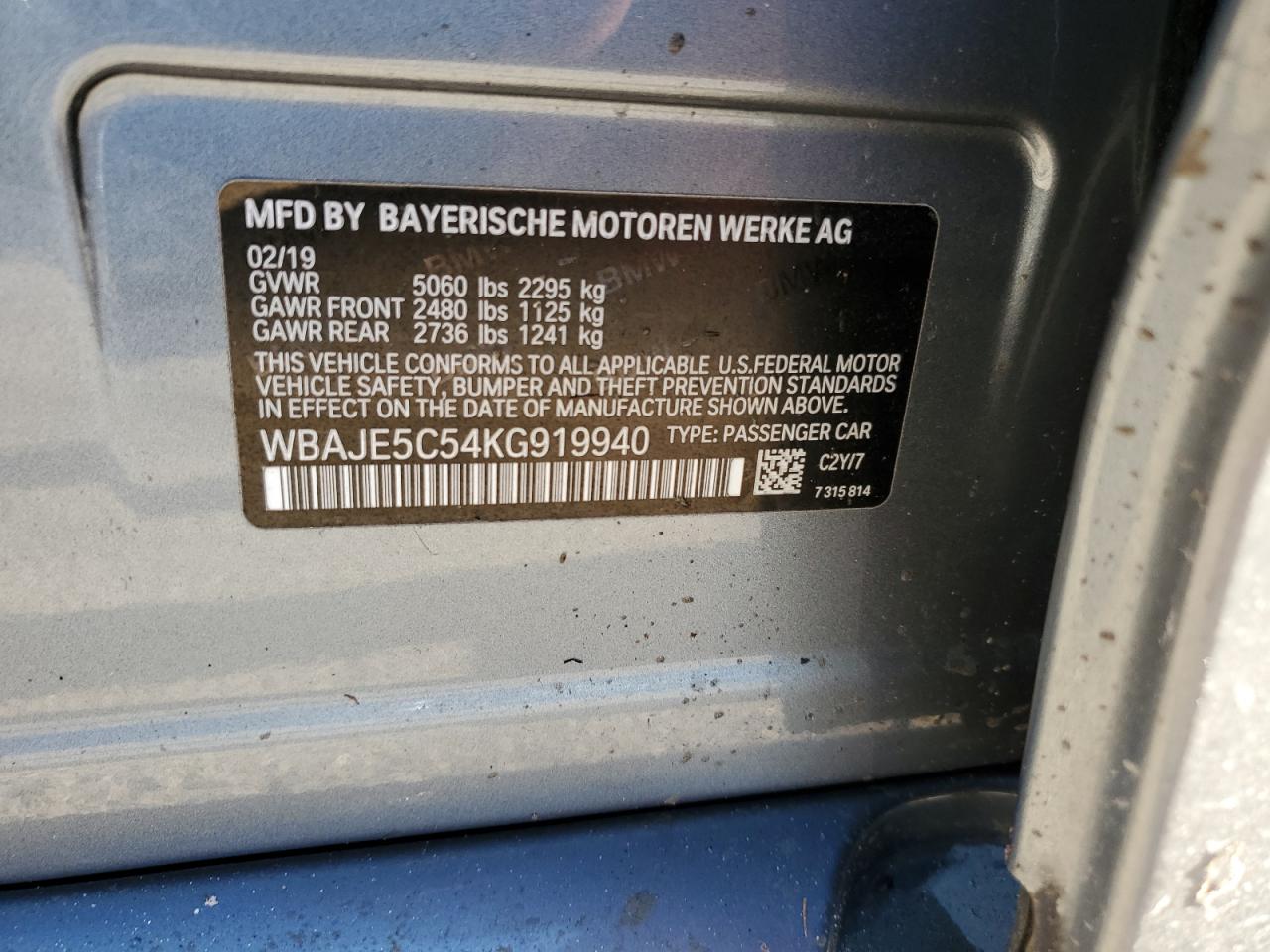 2019 BMW 5er VIN WBAJE5C54KG919940 Copart auction photo, water/flood damage thumbnail 13