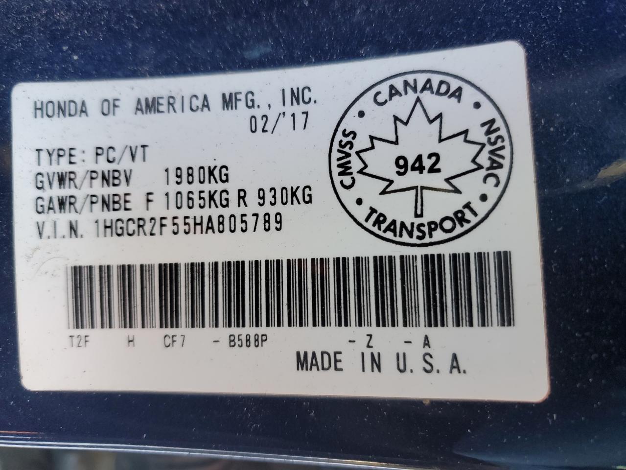 2017 Honda Accord VIN 1HGCR2F55HA805789 Copart auction photo, rear end / front end damage thumbnail 12