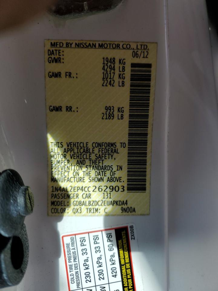 2012 Nissan Altima VIN 1N4AL2EP4CC262903 Copart auction photo, water/flood damage thumbnail 12